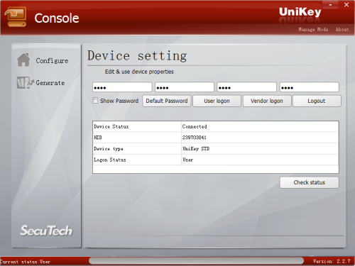 UniKey Console device mode login screen