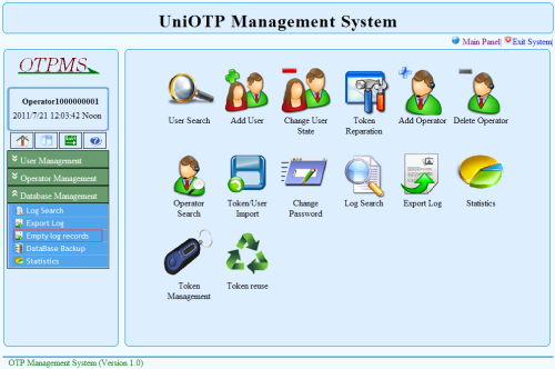 UniOTP Management empty log records sidebar selection