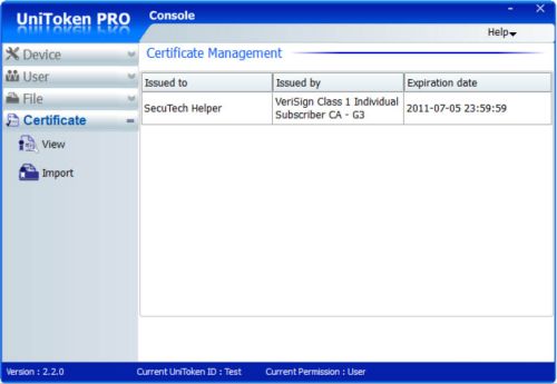 UniToken Console certificate tab