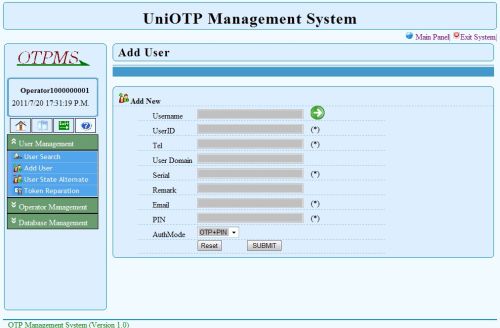 UniOTP Management adding user window