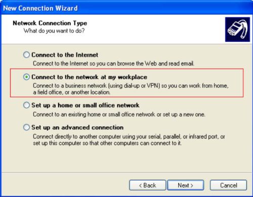'connect to the network at my workplace' option